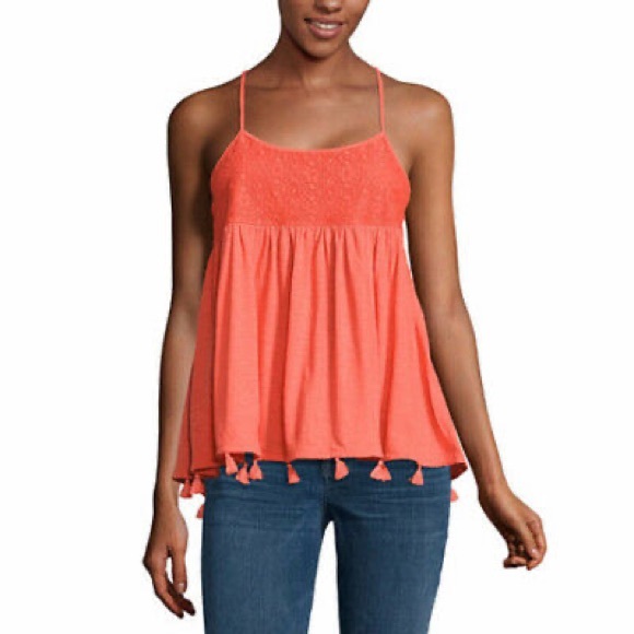 a.n.a Tops - Ana Coral Tank Top with Fringe Tassels boho New